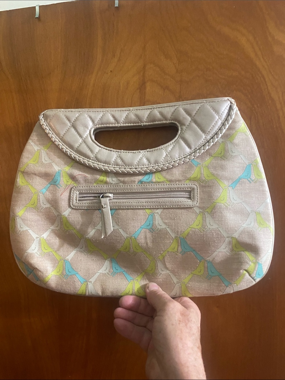 Vera Bradley Beige Clutch with Blue and Lime Bird Print
